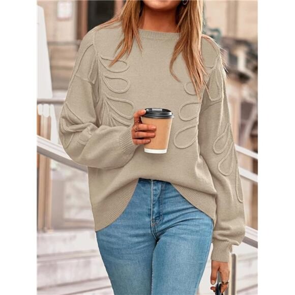 Oversized Ribbed Knit Sweater | Lantern Sleeve Crewneck Pullover Cozy Fall Top - Picture 2 of 6